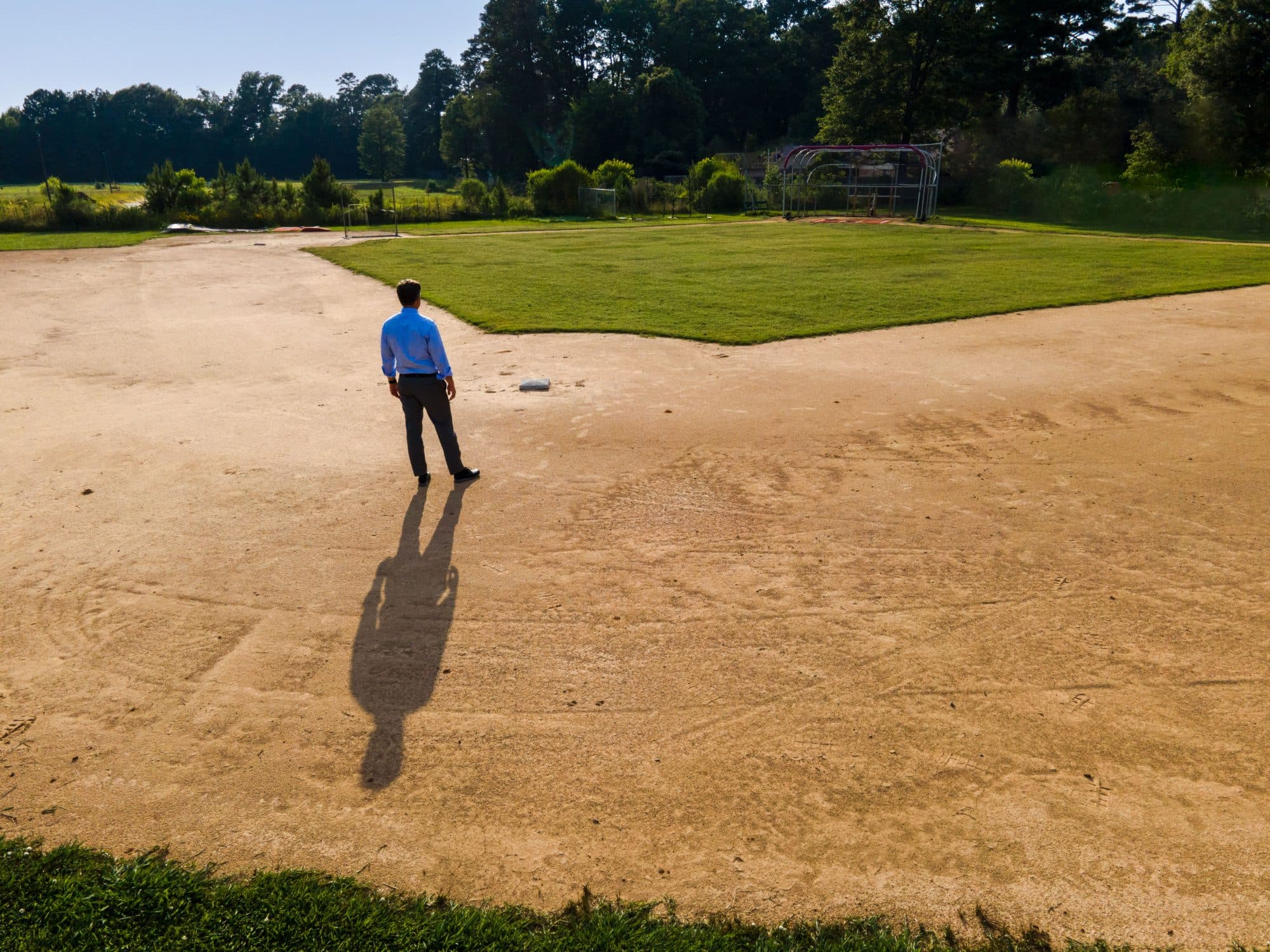 Wide view of the Justice Field diamond at golden hour.